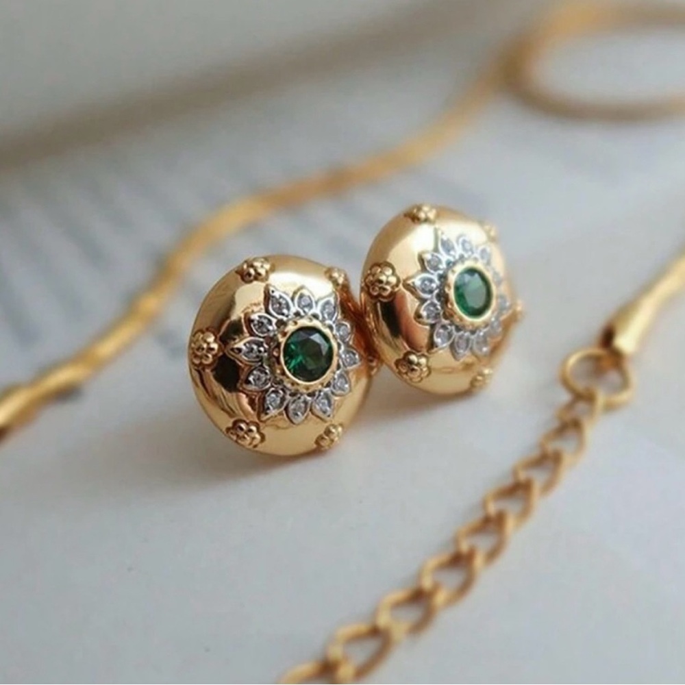 Gold and Green Vintage-Inspired Earrings with Ornate Design
